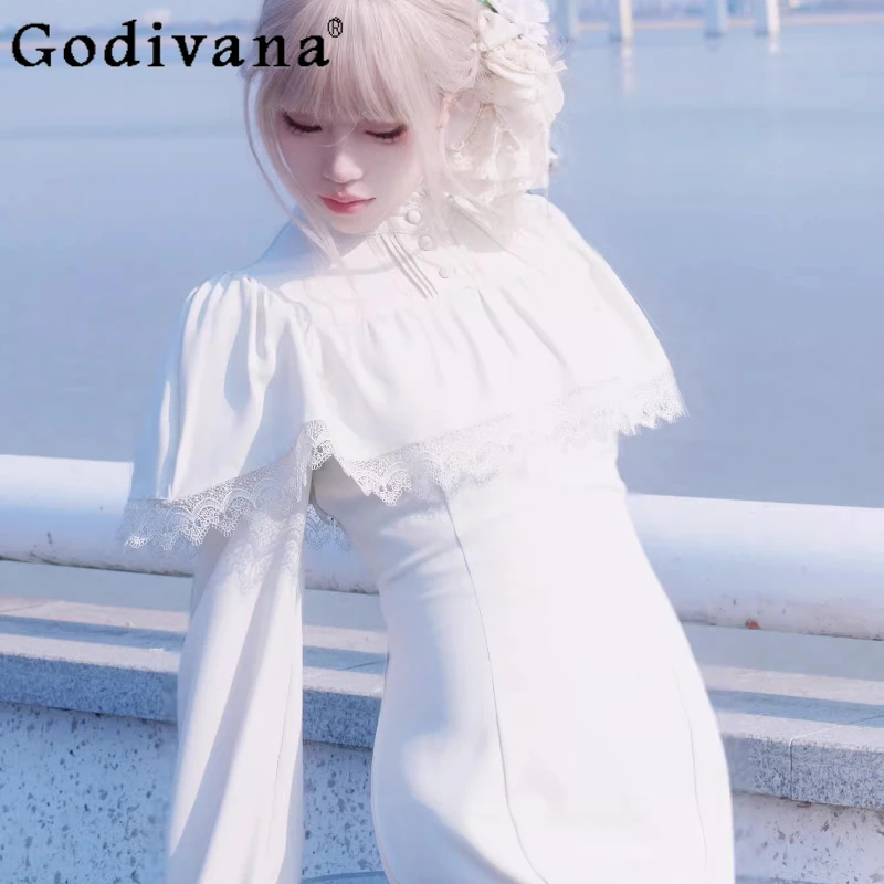 فستان لوليتا على الطراز الفرنسي للنساء فستان أبيض كيب الخصر مقصوص عتيق أنيق للفتيات لربيع الخريف حورية البحر فستان طويل