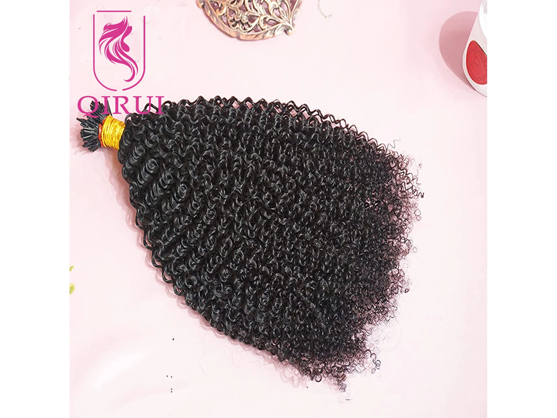 QIRUI Afro Kinky Curly I Tip Hair Extensions Indian Human Hair 1g/Strand 100 strands Natural Black Curly Hair for Women