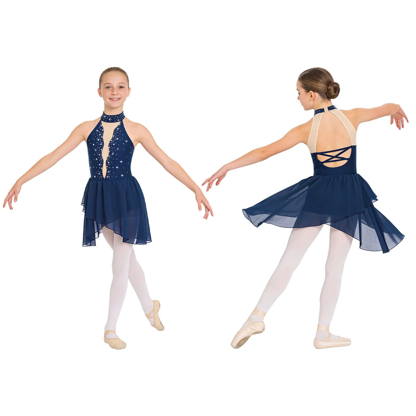 Kinderen Meisjes Glanzende Strass Ballet Jersey Lyrische Dansjurk Mouwloos Sheer Mesh Artistiek Kunstschaatsen Gymnastiekkostuum