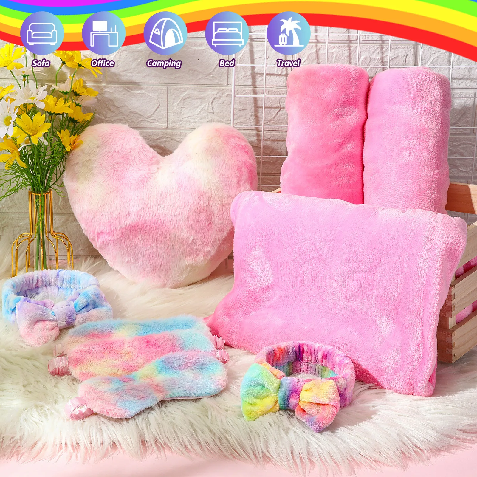 

36pcs Sleepover Party Supplies Set 9 Fleece Blankets 9 Fluffy Heart Throw Pillows 9 Plush Sleep Eye Mask 9 Face Wash Bow Headband for Slumber Party Spa Favors LuxuryLounge