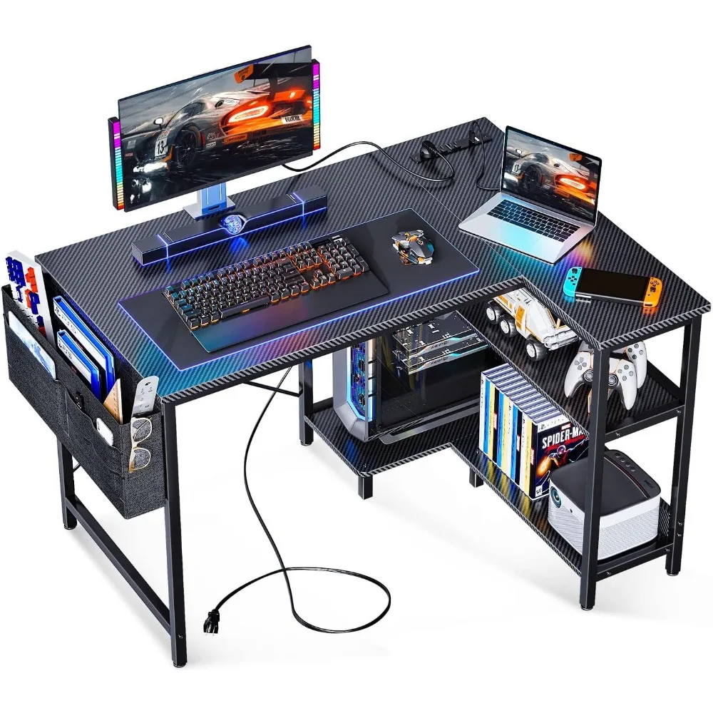 

40 Inch Small L Shaped Gaming Computer Desk with Power Outlets, Corner Desk with Reversible Storage Shelves & PC Stand for Smal