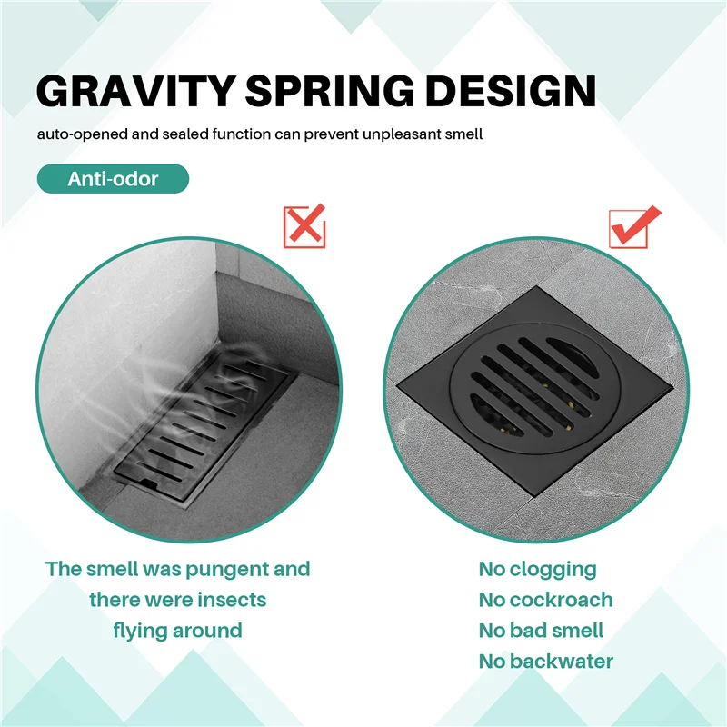 ABAG 4 Inch Square Shower Drain With Removable Cover Grate, Brass Anti Clogging And Odor Point Floor Drain Assembly With Hair Ca