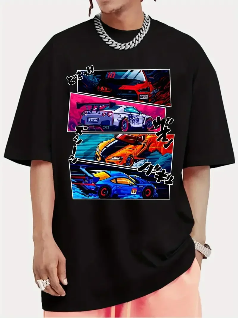 

Car Printed T-shirt Summer Men's 100% Cotton Fashion Street Casual Breathable T-shirt Outdoor Round Neck Short Sleeve Top