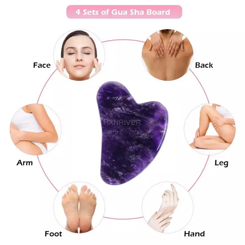 천연 자수정 괄사 스톤 보드 마사지 괄사 플레이트 얼굴 마사지기 스크래퍼 도구 얼굴 등 목 피부 리프팅 슬리밍