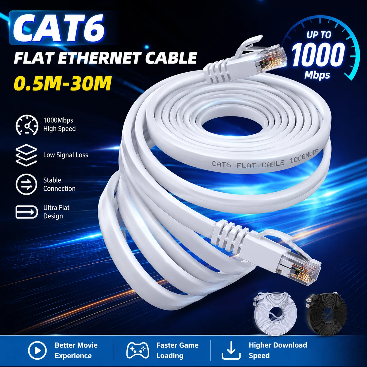 Câble Ethernet plat CAT6 UTP 1000Mbps, cordon LAN RJ45, câble réseau pour routeur Cat 6, pour PC, ordinateur portable, routeur, modem PS5, 1m, 5m, 10m, 20m, 30m