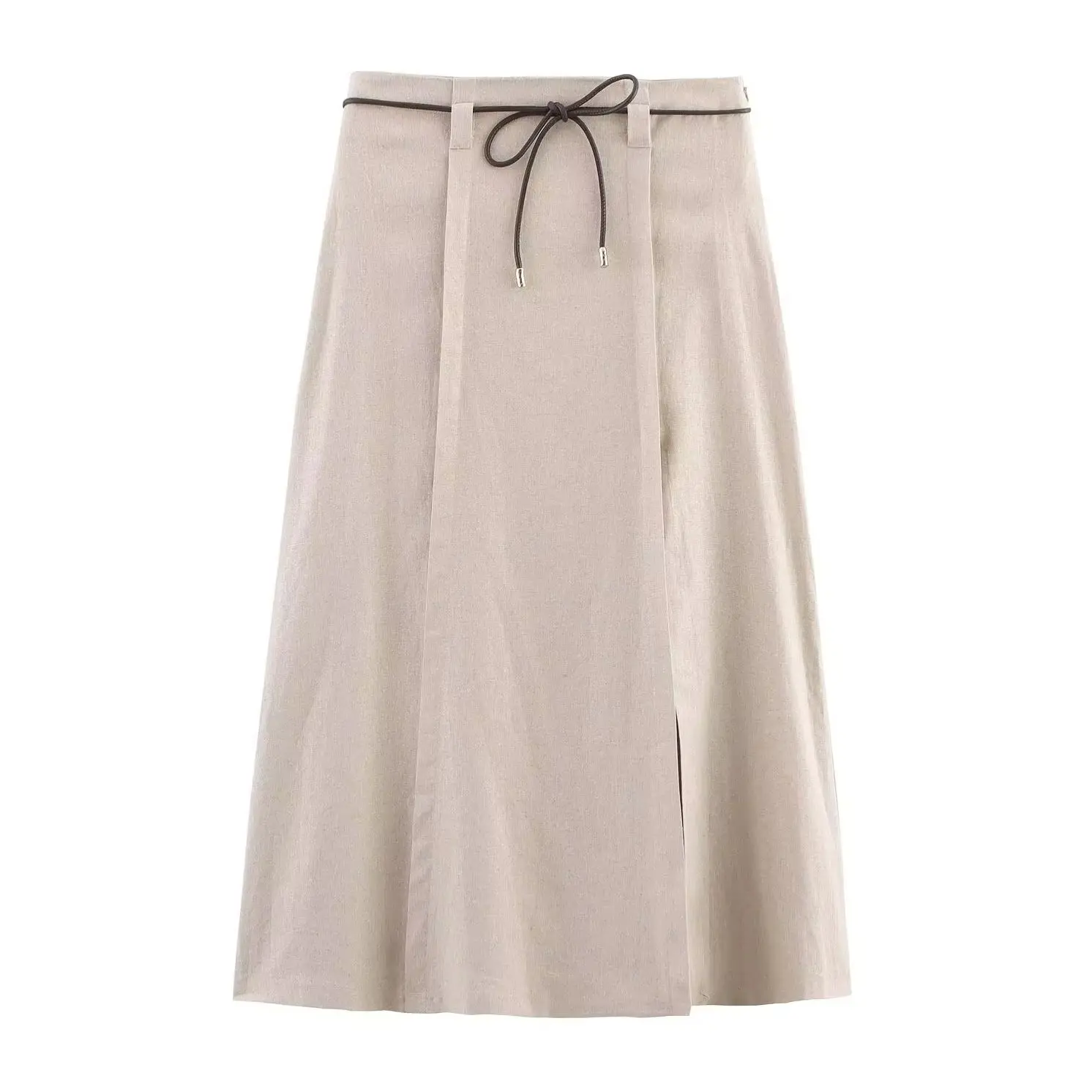 KONDALA Vintage Casual Khaki Lace Zipper Linen Midi Woman Skirt Fashion 2025 Holiday Beach Elegant Chic Streetwear Split Skirts