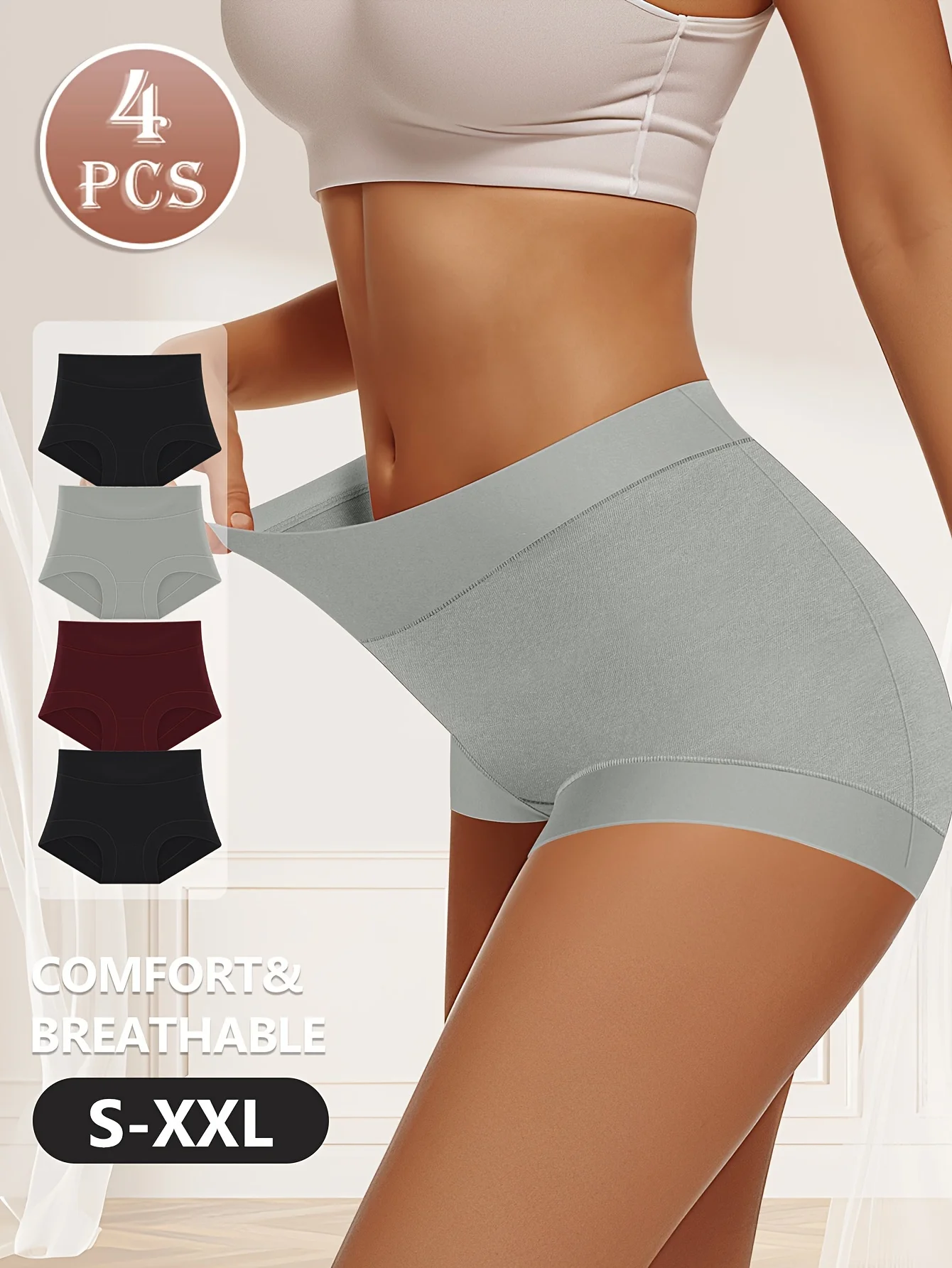 

4pcs set of high waisted comfortable women's underwear, fashionable contrasting colors, body shaping, hip lifting, high waist