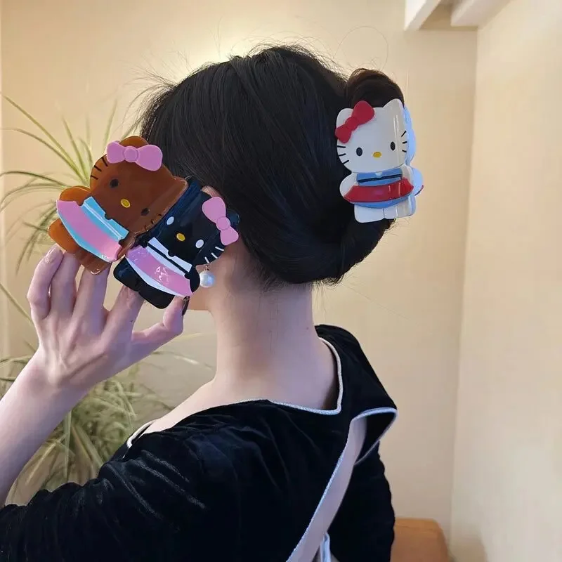 Kawaii Sanrio Y2K Anime Black Leather Hello Kitty Hair Clip Cartoon Cute Girl Big Clip Hair Bun Hairpin Hair Accessories Gift