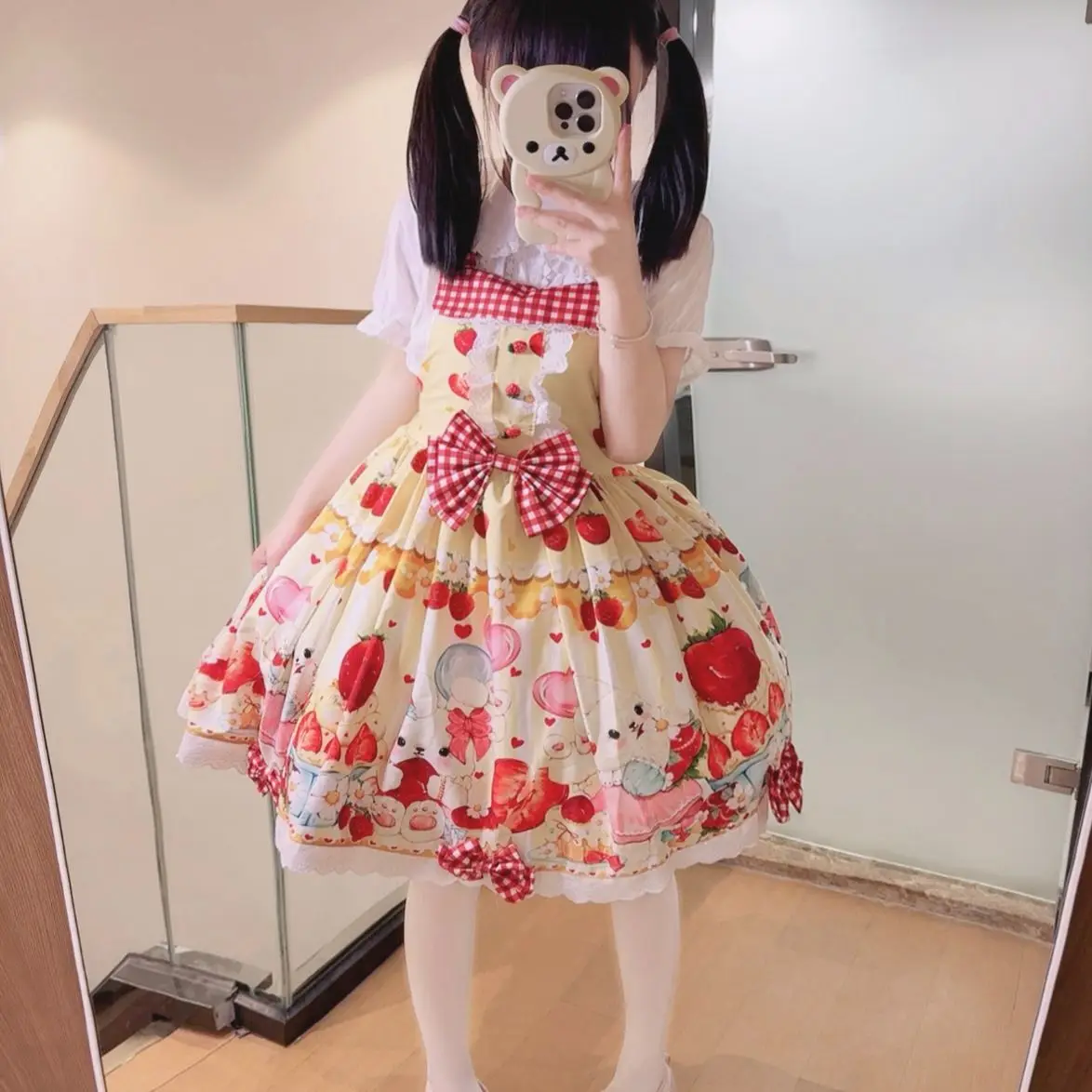 Coalfell【Bolo de Morango】 Saia de alça Lolita JSK original doce e fofa vestido estampado de coelho para mulheres verão