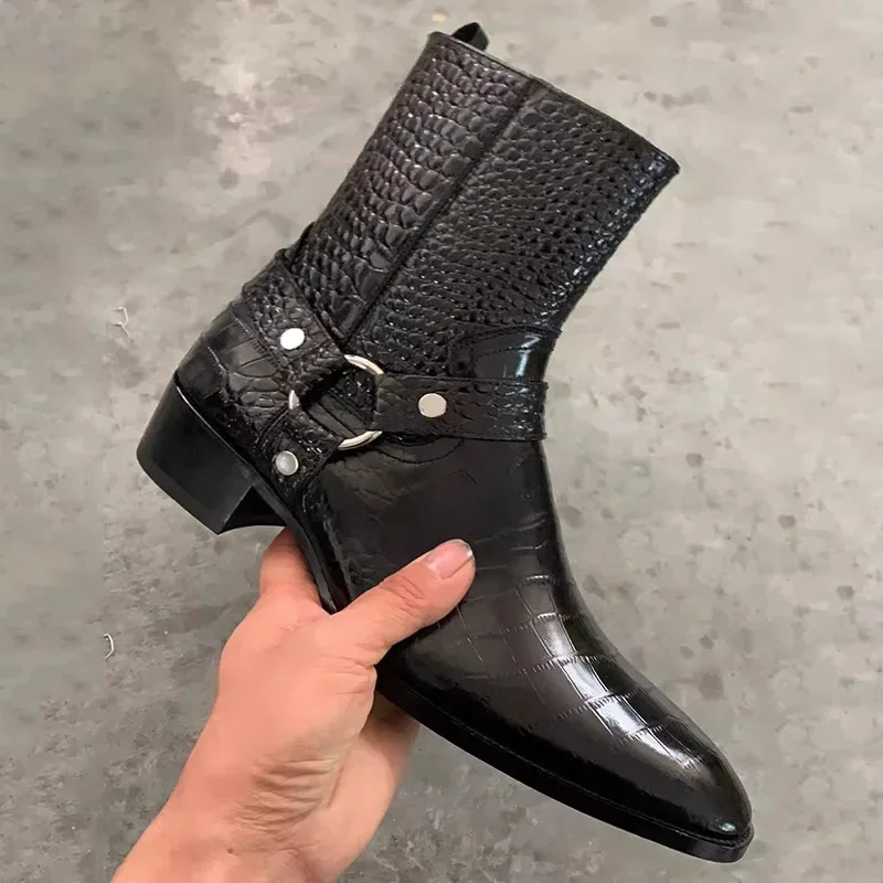 Handmade Factory Personalized Cow Leather Black Crocodile Pattern Pointed Toe Side Zipper Chelsea Wedge Boots