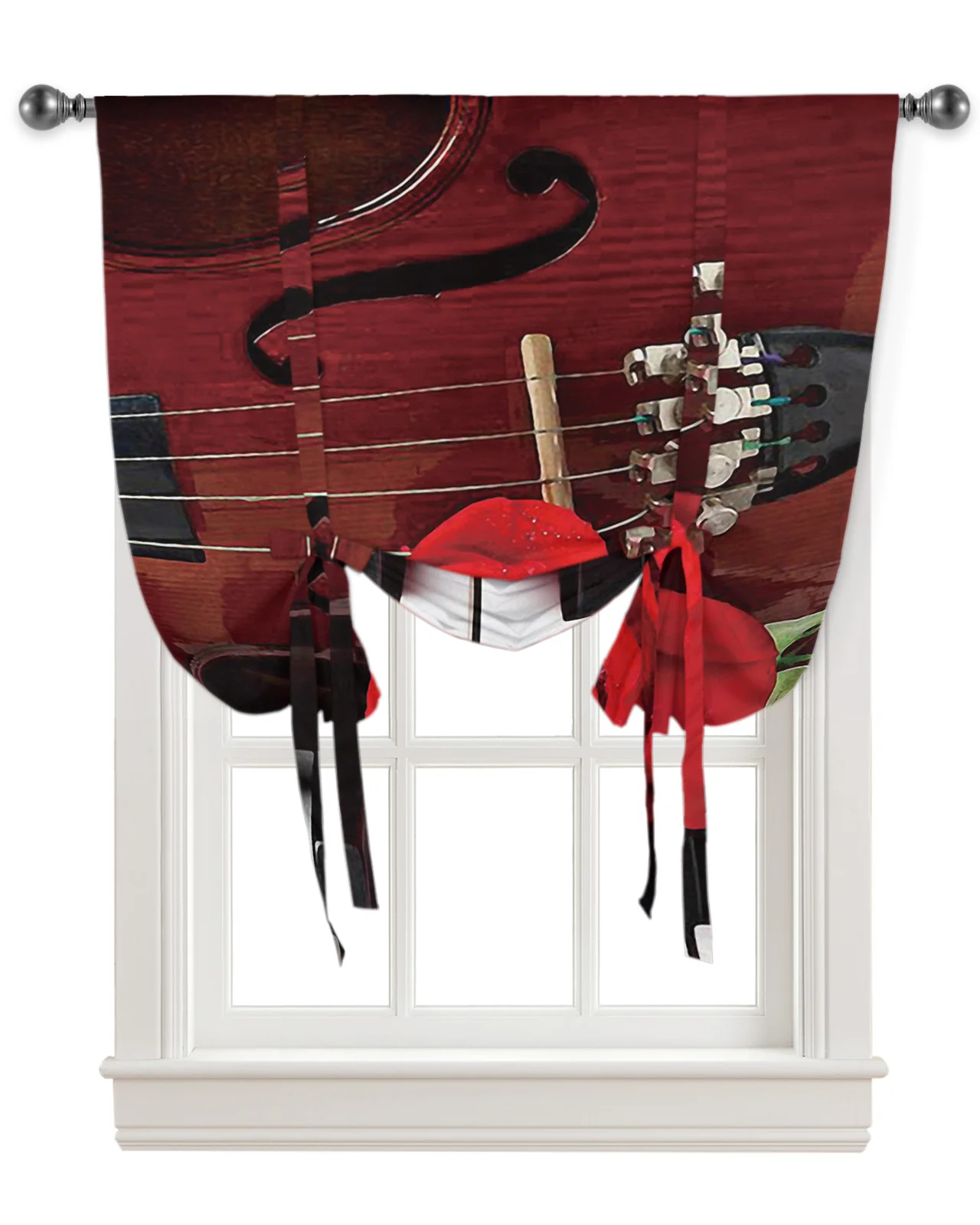 Violin Red Roses Piano Flower Kitchen Short Window Curtain Rod Pocket Curtains Home Decor Small Window Roman Tie Up Curtains