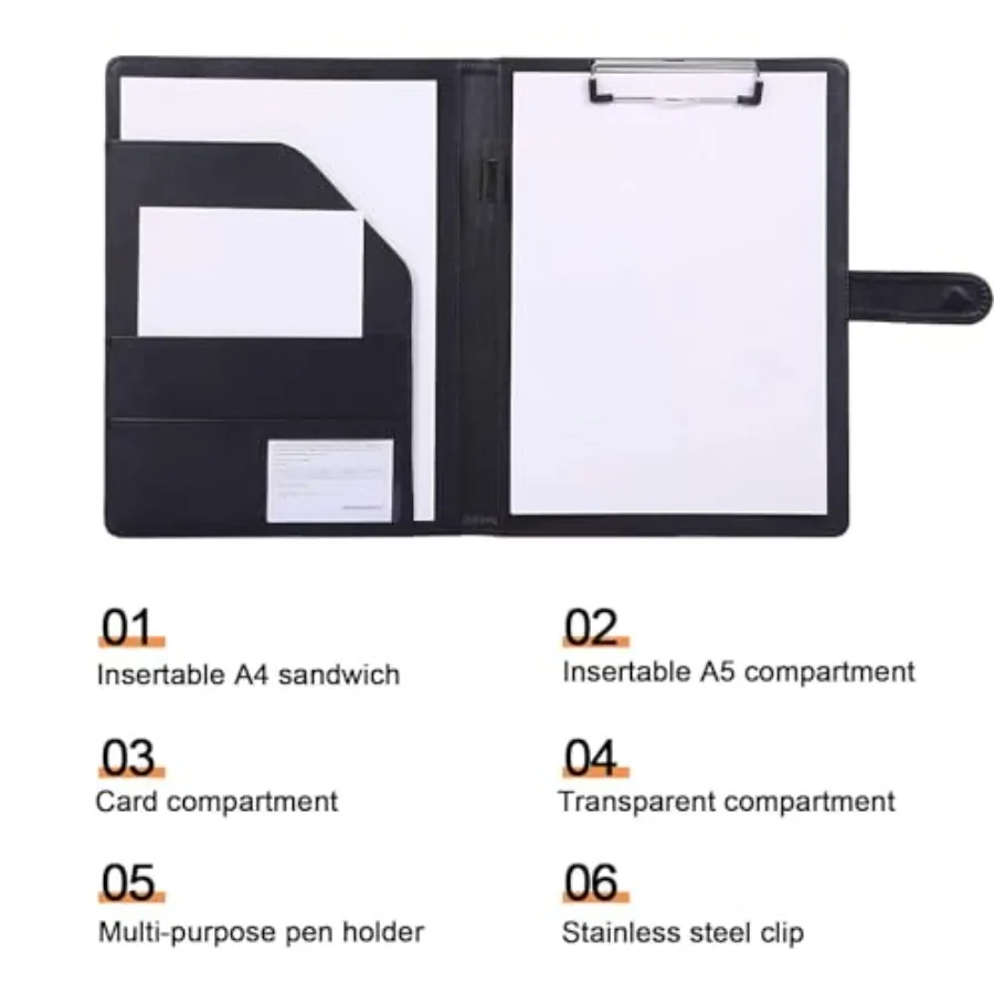 Padfolio Clipboard Folder A4 Size PU Leather Portfolio Organizer with Cover for A4 Letter Size Notepad Resume Writing Pad
