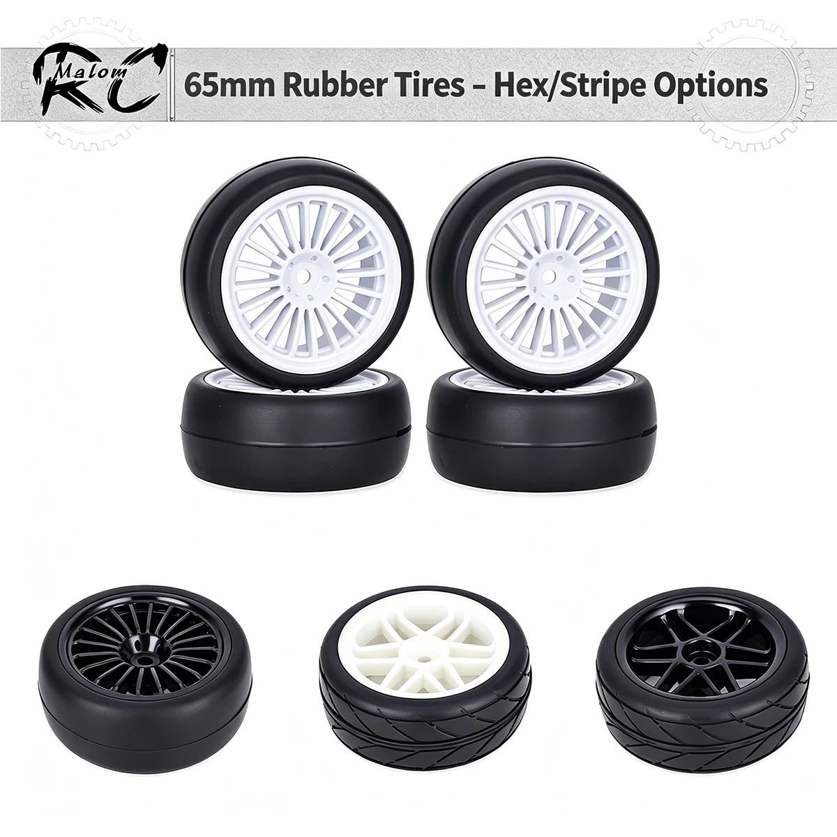 4PCS 65x26mm Pre-Glued RC Wheels Tires – 1/10 Scale, 12mm Hex, Fits Tamiya TT01 TT02 XV01 XV02 TA06 HSP
