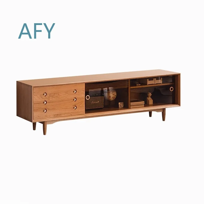 Nordic Japanese Style Solid Wood TV Cabinet for Small Apartment Living Room C Position Modern Minimalist Cherry Wood Media