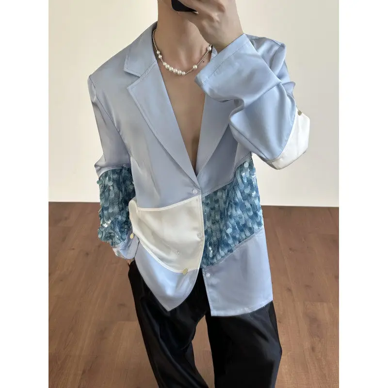 

Blue Sequin Tassel Splicing Casual Leisure Sle Men's irt Jaet Stand Fit Polyester Fiber Long Sve Cool Feeling