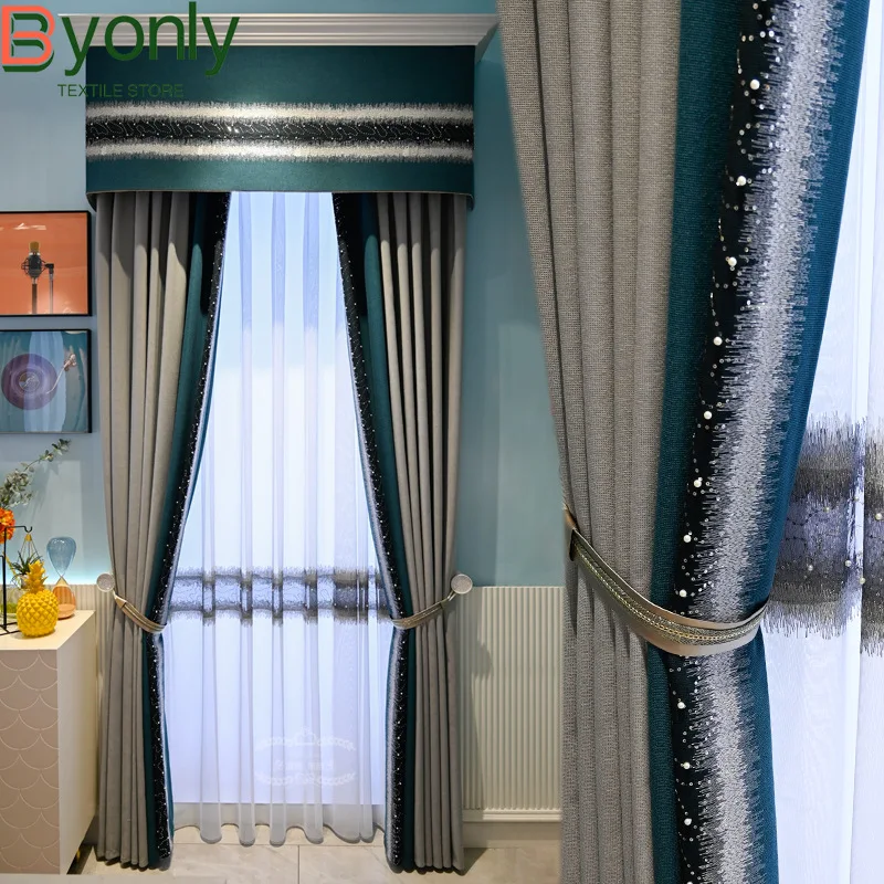 

Customized Blue Gray Beaded Lace Splicing Thickened Curtains for Living Room Bedroom French Window Balcony Villa Valance