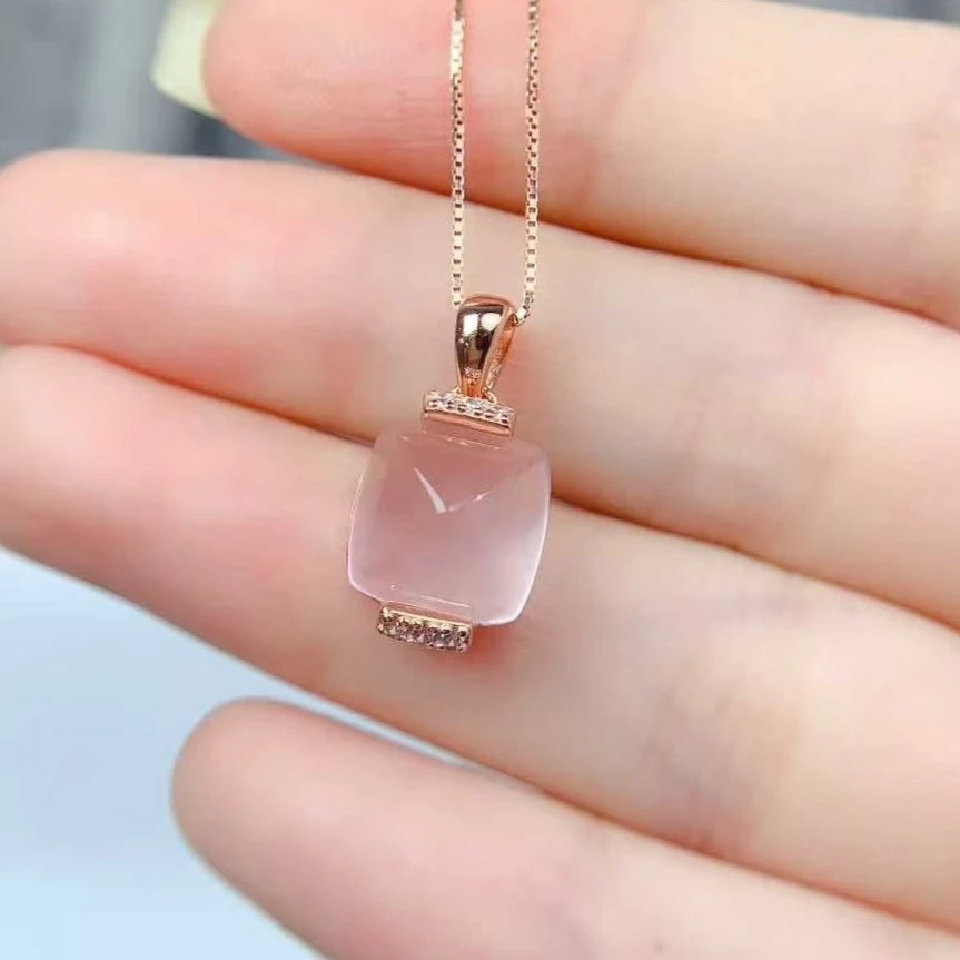 シンプルな925シルバー天然石ペンダント-レディース-天然水晶ペンダント-10mm-5ct-ローズクォーツ-シルバー-ジュエリー