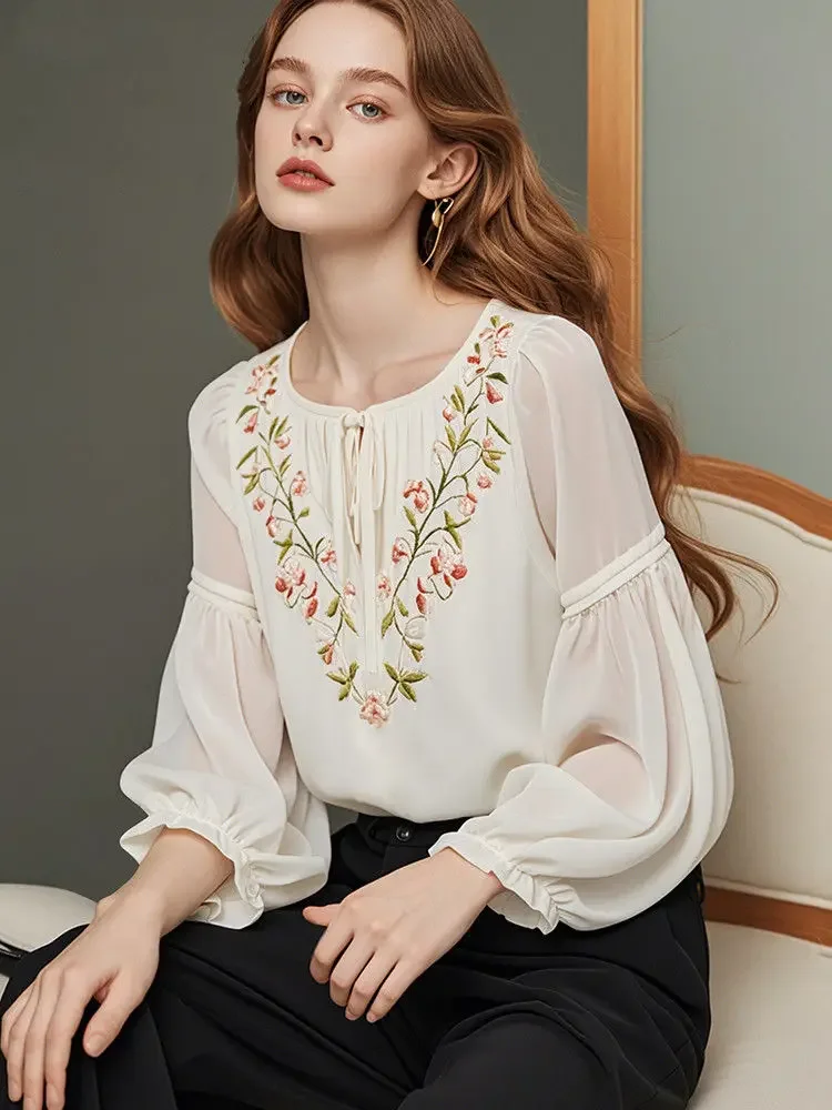 

Embroidered chiffon blouse for women loose fit slimming, stylish age-reducing new style floral lantern long sleeve shirt JJ90