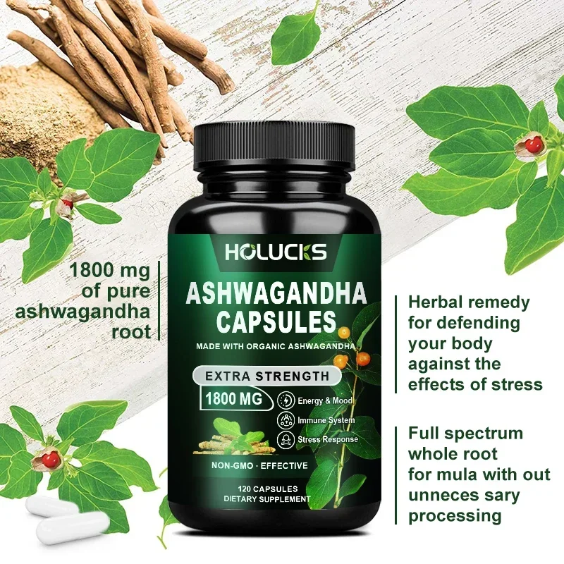 Holucks Ashwagandha - (مع الروديولا والمغنيسيوم) يخفف القلق ويحسن الطاقة والتركيز ويحافظ على مستويات كورتيسول الصحية