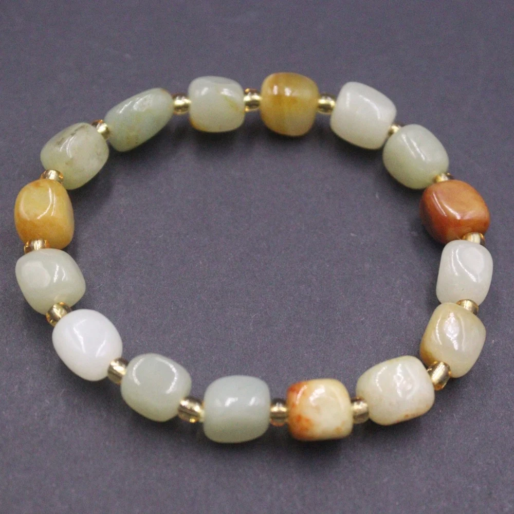 

Natural Jade Nephrite Men Women Lucky Colorful Square Irregular Beaded Bracelet