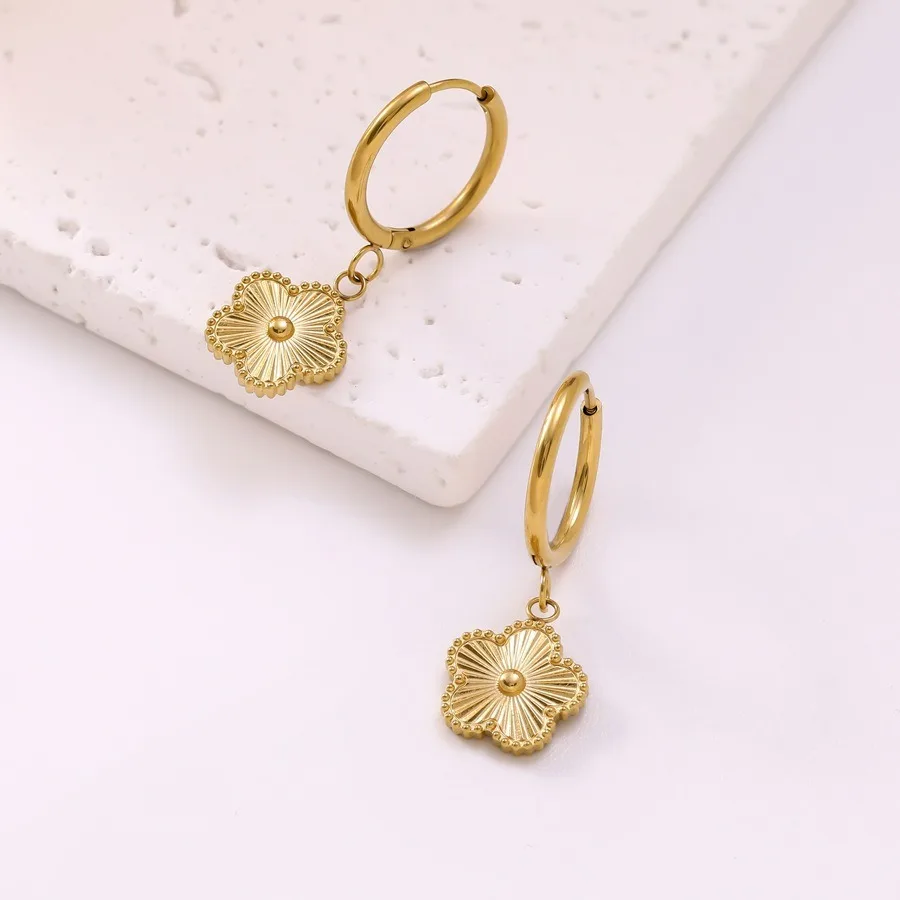 Y2K Laser Stainless Steel Five-Leaf Flower Drop Earrings Classic Style for Women Girls Party Wedding Luxury Clover Jewelry Gift