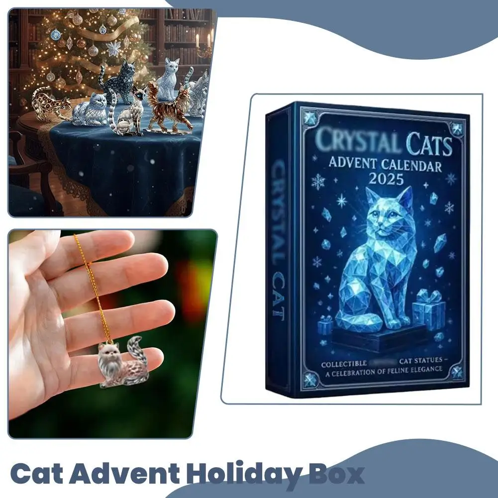 Cat Christmas Countdown 2025 Crystal Cat Advent Calendar 2D Acrylic Cute Crystal Kittens Decorations Cat Collectible Figurine