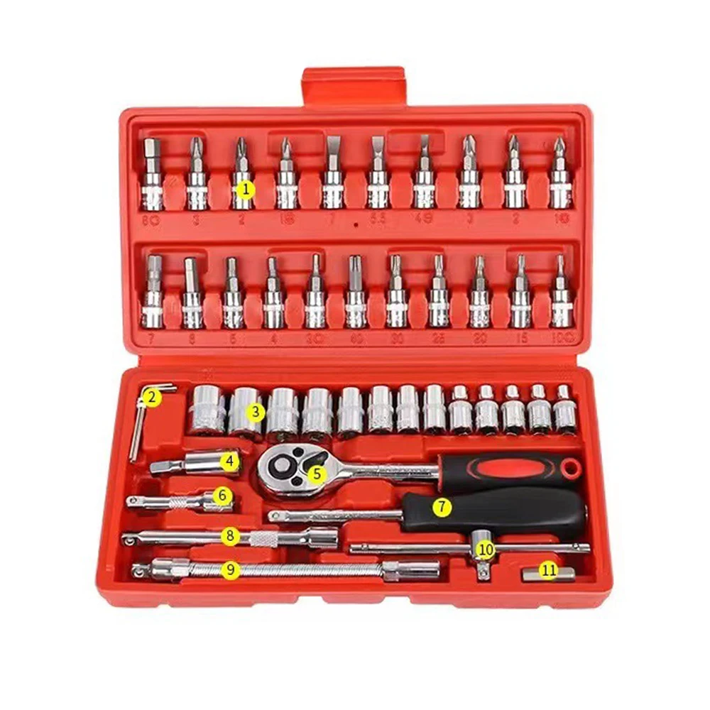 46PCS Car Repair Tool Set 1/4-Inch Socket Set Car Repair Set Ratchet Torque Wrench Combo Tools Kit Auto Repairing Tool Set