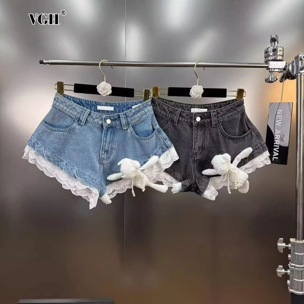 

VGH New Hit Color Spliced Doll Loose Shorts for Women High Waist Patchwork Lace Edge Sweet Style Denim Trousers Female Clothing