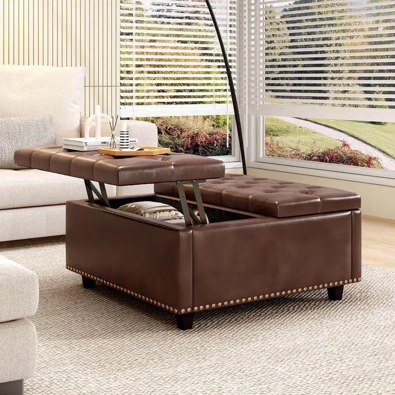 

Large square storage stool with 2 storage doors and footstool for living room, Mid-century modern coffee table with nailhead