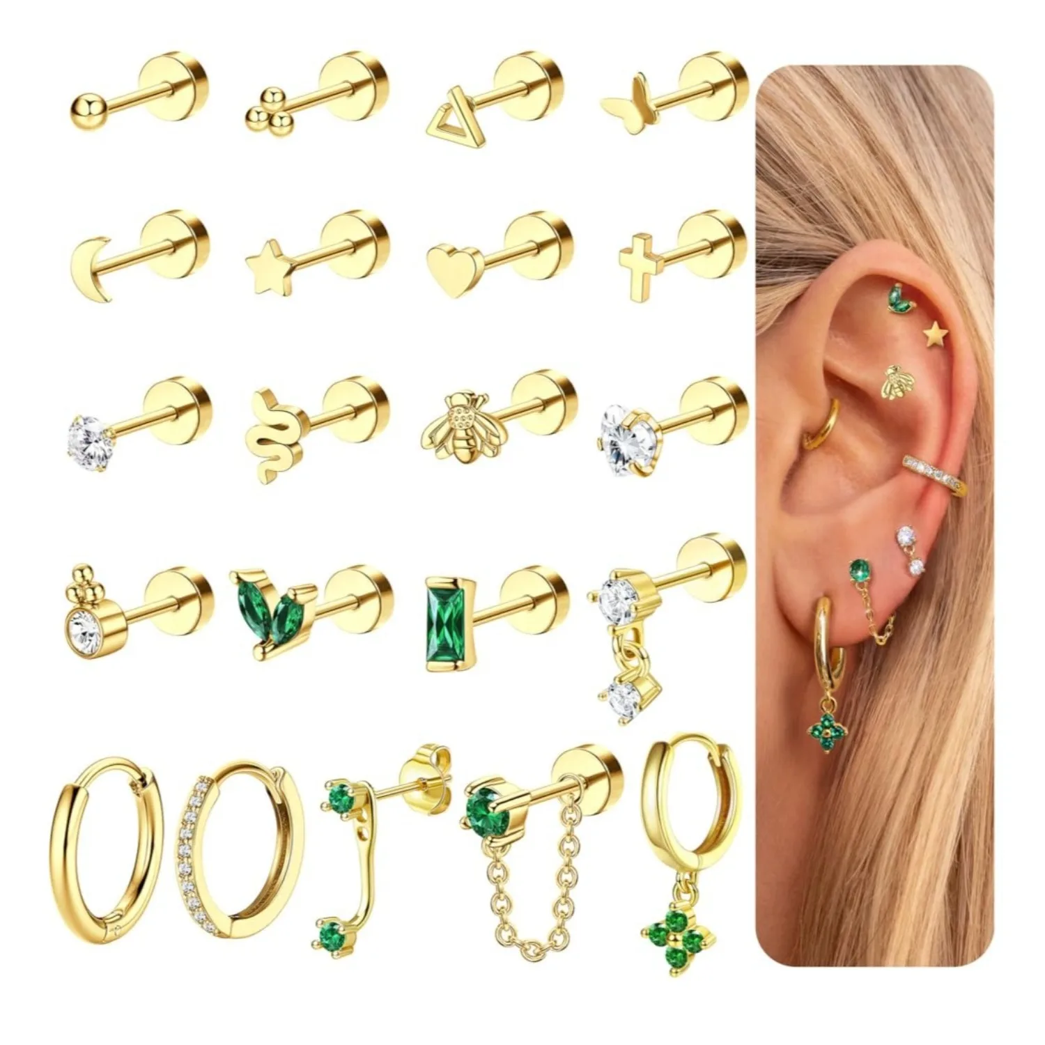 

21PCS Flat Back Earrings for Women Surgical Steel Earrings Gold Plated Stud Hoop Earrings Stack Cartilage Helix Piercing Jewelry
