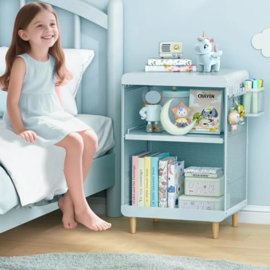 

Nightstand for Girls, Metal Bedside Table with 4 Hooks and Hanging Basket, 3-Tier Storage Shelf, Toddler Night Stand for Bedroo