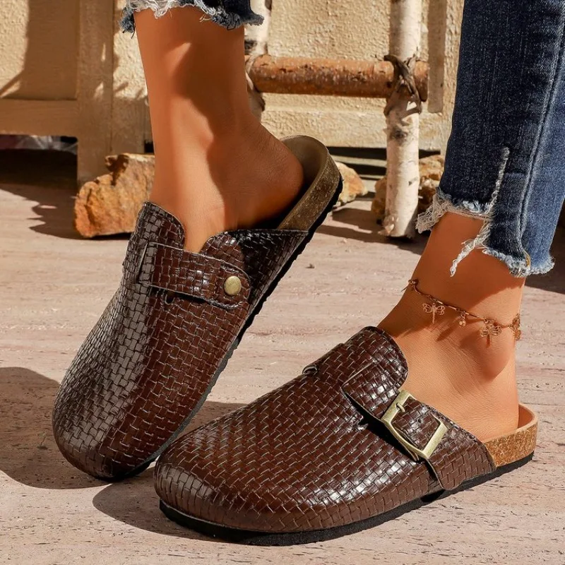 

Fashion Gold Woven Buckle Clogs for Women 2026 Summer Closed Toe Cork Sole Mule Shoes Woman Non-slip Flat Heels Half Slippers