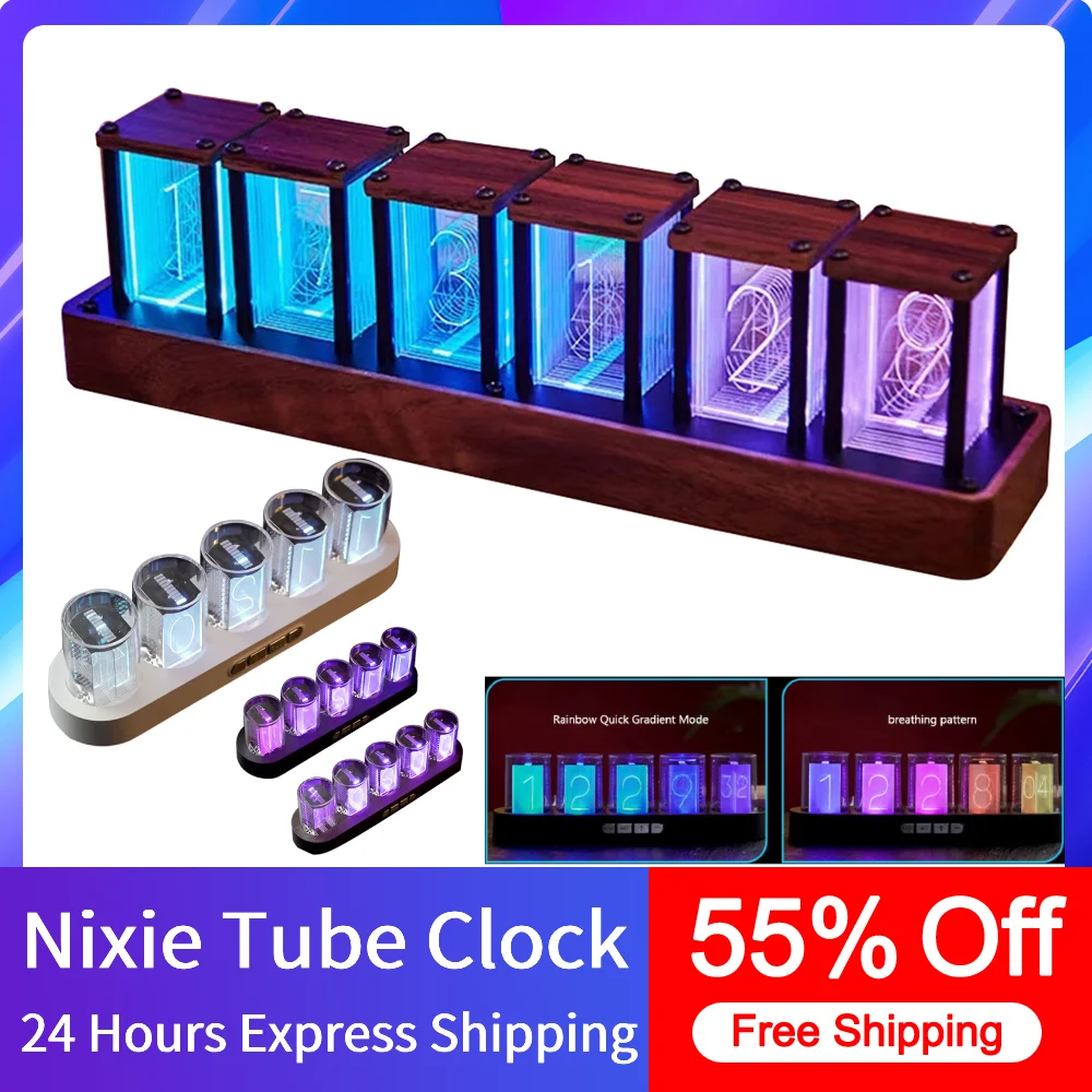 RGB Nixie Glow Tube Clock Phone Control WiFi Timing DIY Wood Table Clock Ornament LED Digital Clock Ambient Light Decoration