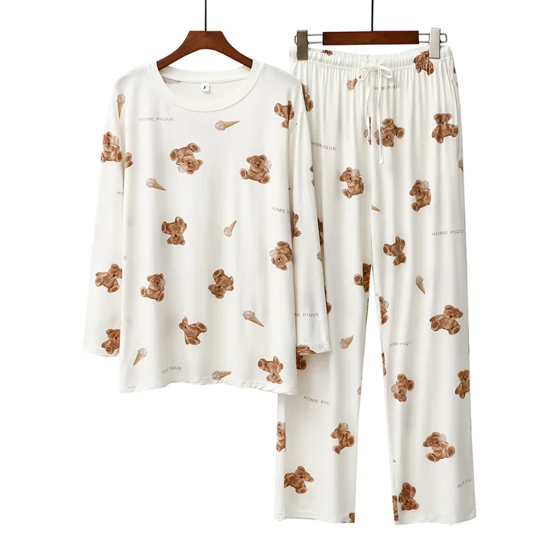 Spring Autumn Women\'s Kawaii Cartoon Anime Pajamas Ice Cream Bear Print Round Neck Long Sleeve Pants Cute Home Suit Set Gifts