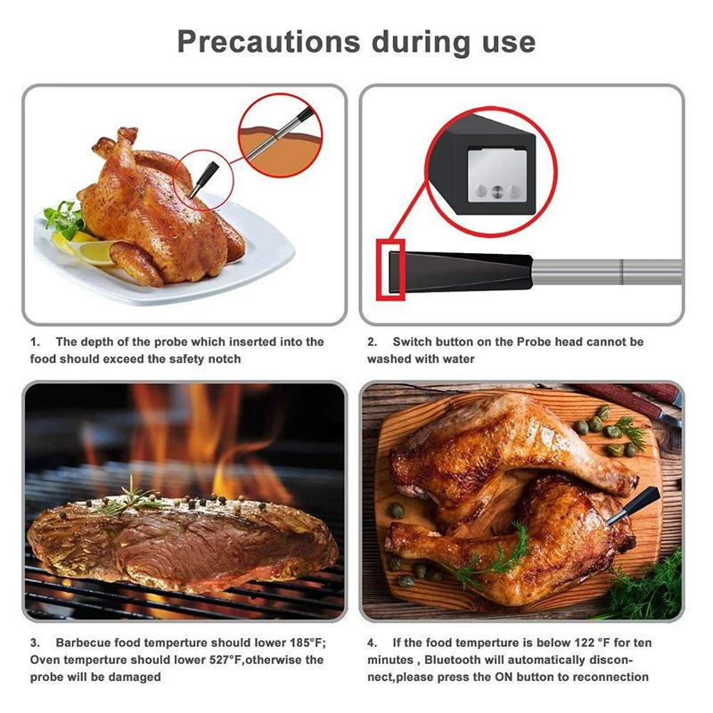 Wireless Meat Food Thermometer for Oven Grill BBQ Smoker Kitchen Smart Digital Bluetooth Barbecue Thermometer Temperature Gauge