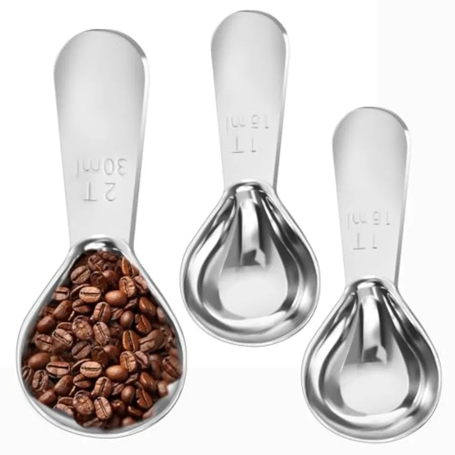 Stainless Steel Coffee Scoop Set - 3 Pc Measuring Spoons 1 Tbsp and 2 Tbsp Scoop for Ground Coffee, Tea, Sugar Or Flour, Short