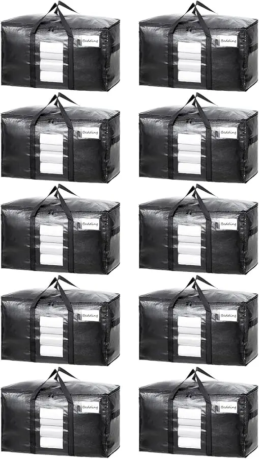 

Extra Large Moving Bags, 10 Pack Black Heavy Duty Totes For Storage with Visible Window, Wrap Around Handles, Storage Bags for S