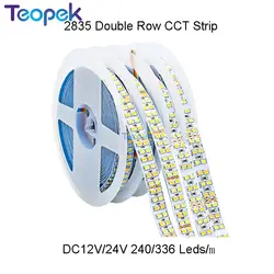 Tira de luces LED de doble fila 2835 CCT, cinta de luz Flexible ajustable a temperatura, DC12/24V, 240LED/m, 336 LED/m, 5m