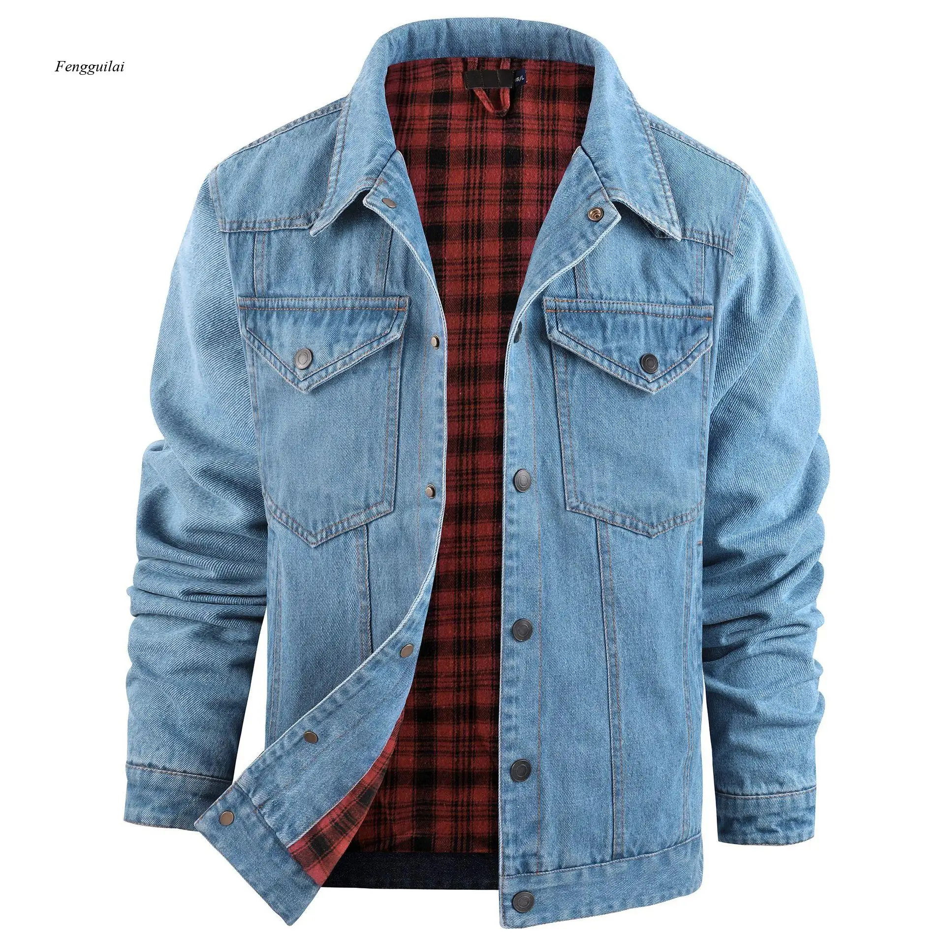 Men's Warm Denim Jacket Plaid Flannel Lining, Button Closure, and Chest Pockets Ideal for Fall, Winter, and Layering