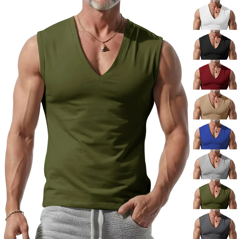 Summer New Solid Color Men's Loose Vest V-neck Men's Vest for Foreign Trade, Simple and Casual Style