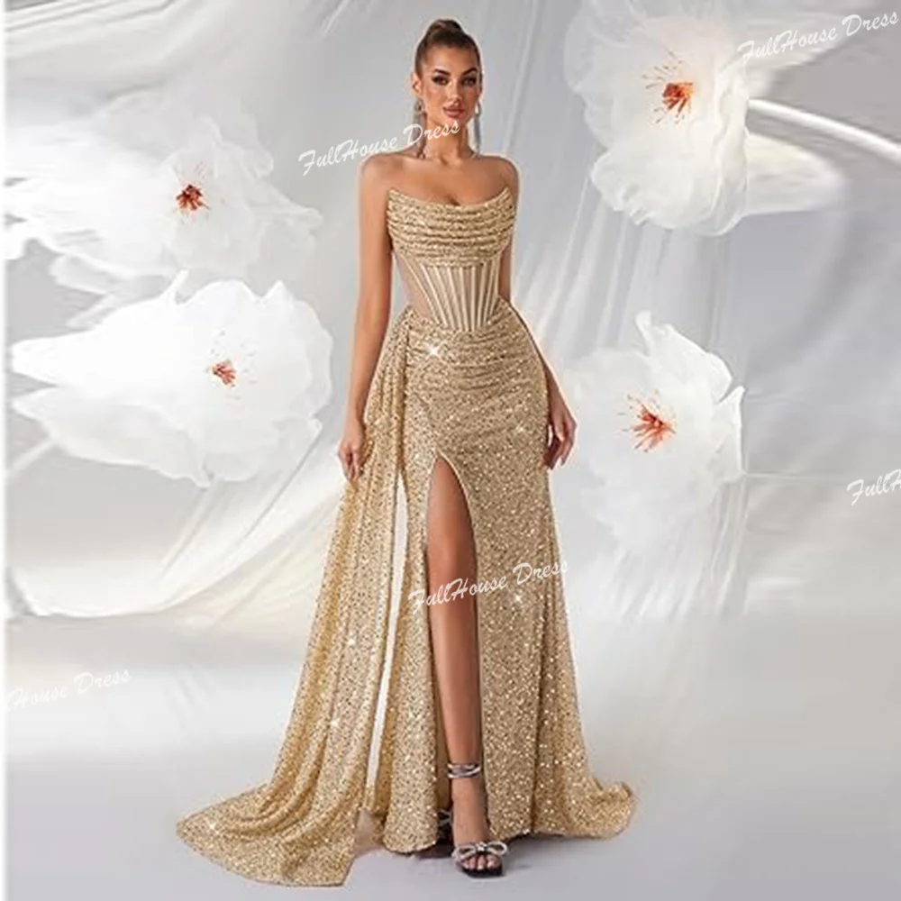 

Customized Fantastic Off Shoulder Sequins Sexy Mermaid Side Split Backless Evening Dress Long Party Gown with Sweep Court