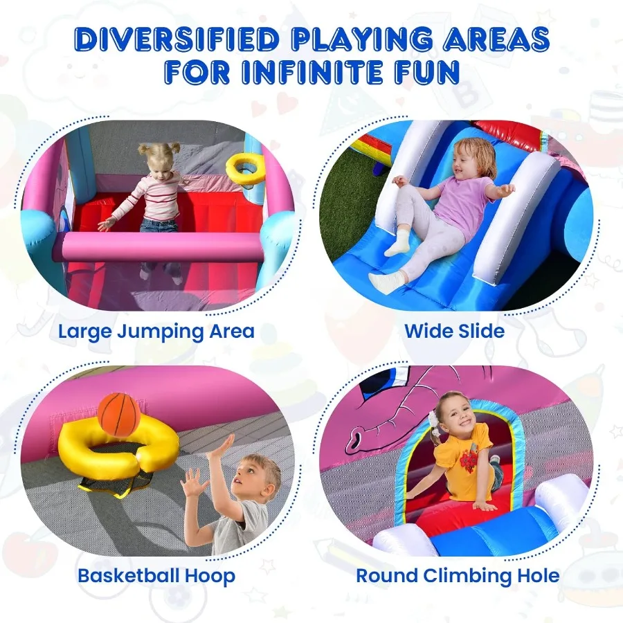 Aufblasbares Hüpfhaus, 3-in-1-Hüpfhaus mit Elefantenmotiv, Hüpfburg für Kinder mit Gebläse, Rutschen, Hüpfburg für drinnen und draußen