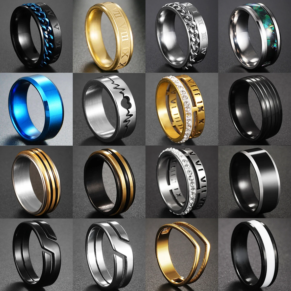 Fashion 6/8mm Punk Titanium Steel Roman Numeral Chain Rings For Men Polished Black Silvery Rock Biker Wedding Ring Jewelry Gift