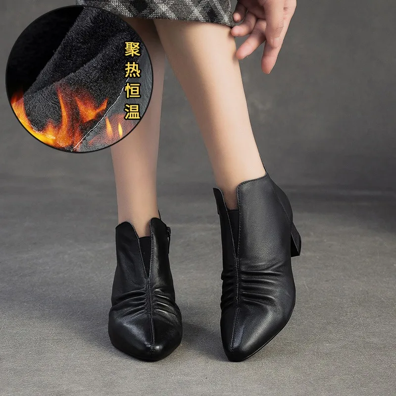 

Birkuir Retro Pointed Toe Pleated Women Ankle Boots Zip Thick Heel Plush Snow Boots Genuine Leather Luxury 4.5cm Casual Boots