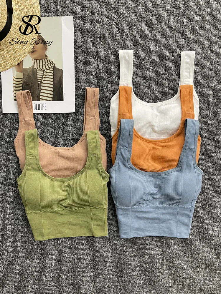 SINGREINY 2024 Fashion Casual Crop Top Women Strap Basic Chest Pad Sleeveless Sports Tank Top Solid Backless Beach Camis