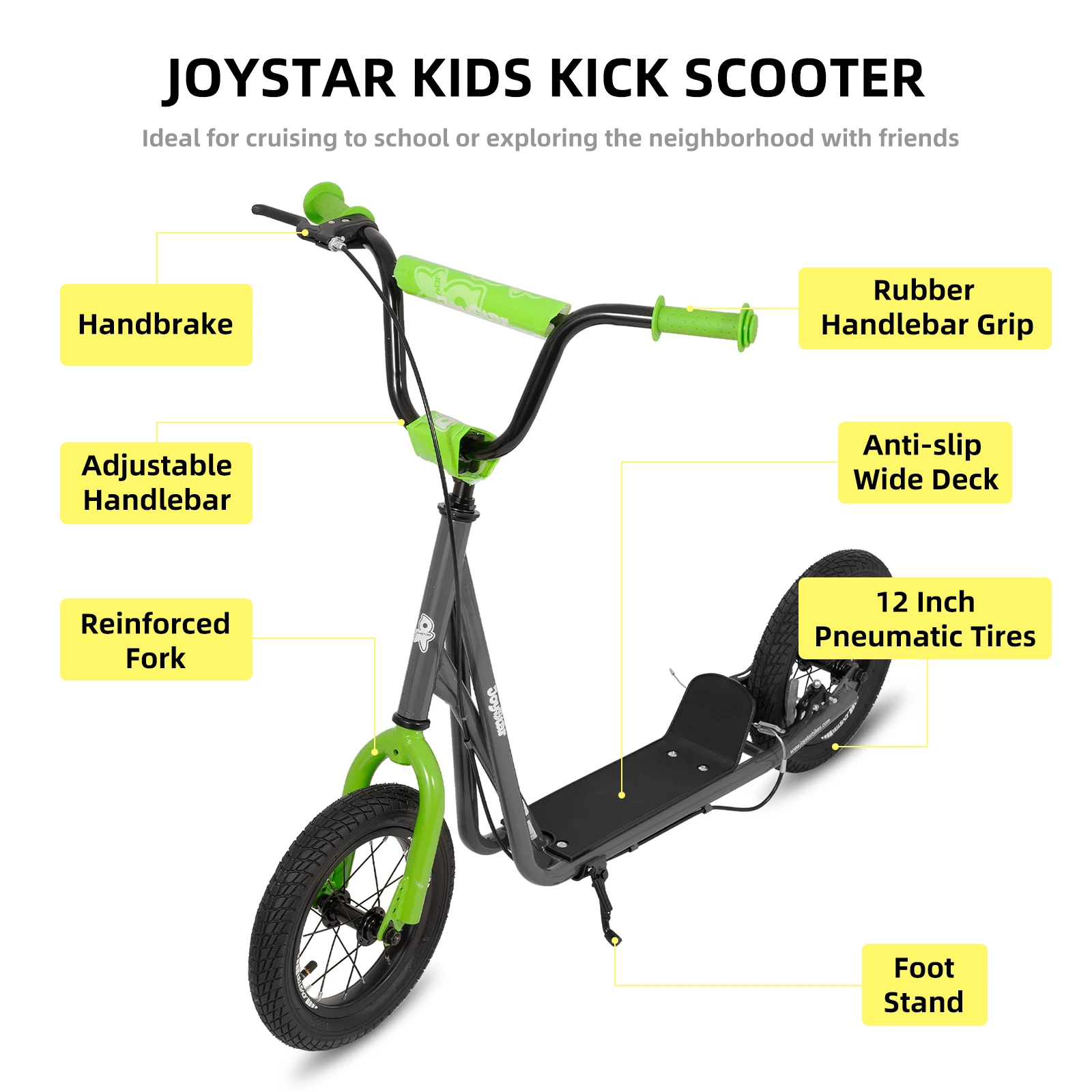 JOYSTAR kickscooter voor kinderen van 5 tot 9 jaar met 12 inch voor- en achterwiel, achterv-rem en verstelbaar stuur, grijs