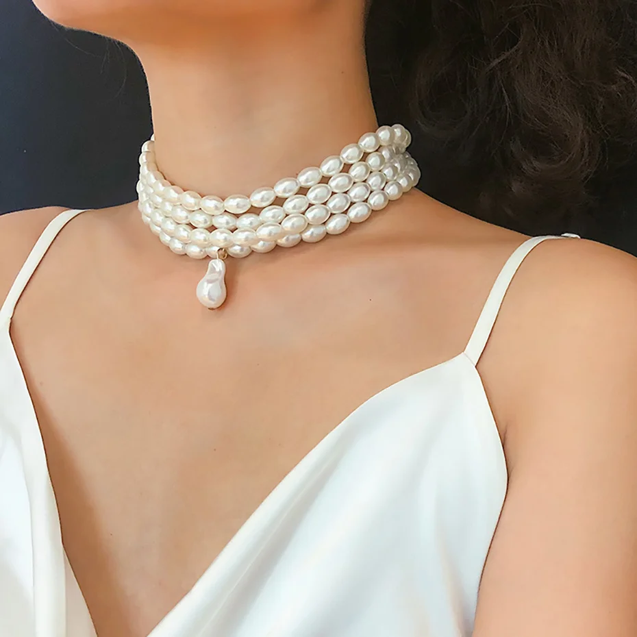 Elegante unregelmäßige Nachahmung Perle Choker Halskette Frauen Braut mehr schicht ige Schlüsselbein Kette ästhetischen Hals Schmuck wed Accessoires – Detail 7