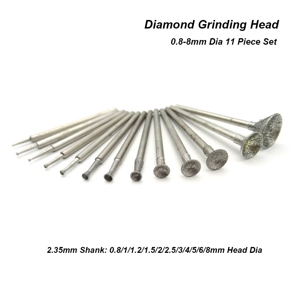 

11Pcs 0.8-8mm Flared Diamond Grinding Head Mounted Point Bits Burrs Engraving Polishing Abrasive Tools 2.35mm Shank for Dremel