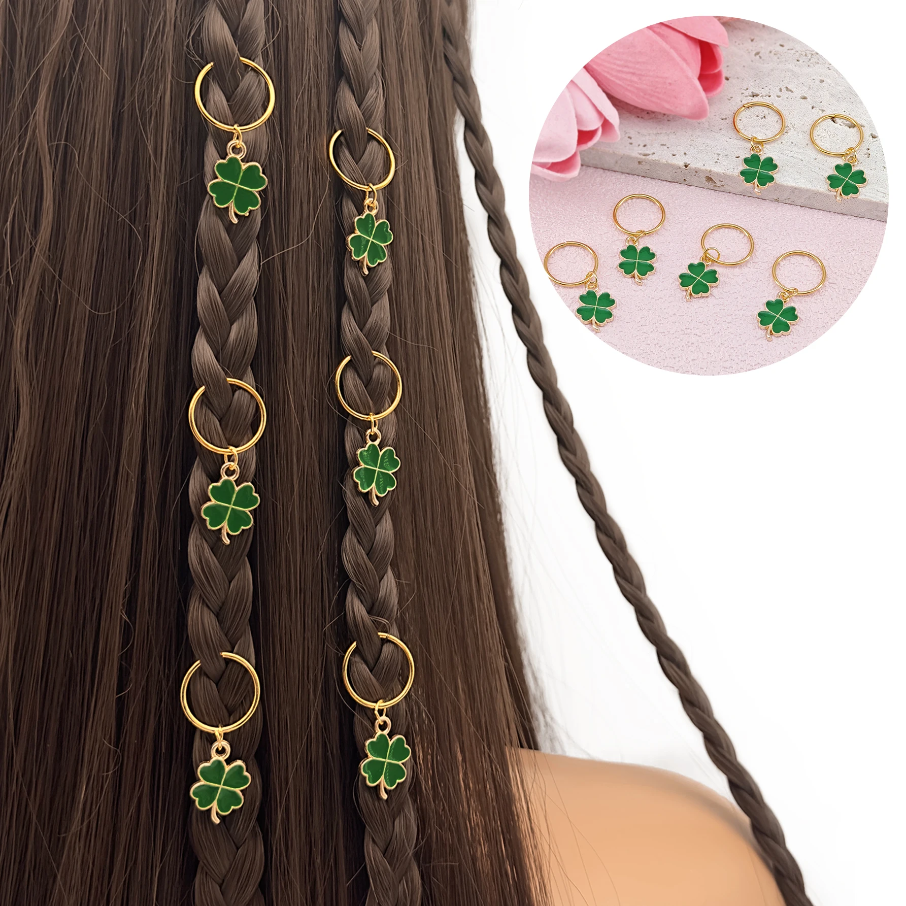 

6pcs four-leaf clover summer Hair Clip,Dreadlocks Beads Hair Braid Rings Clips Dread Locks Hair Braiding Metal Cuffs