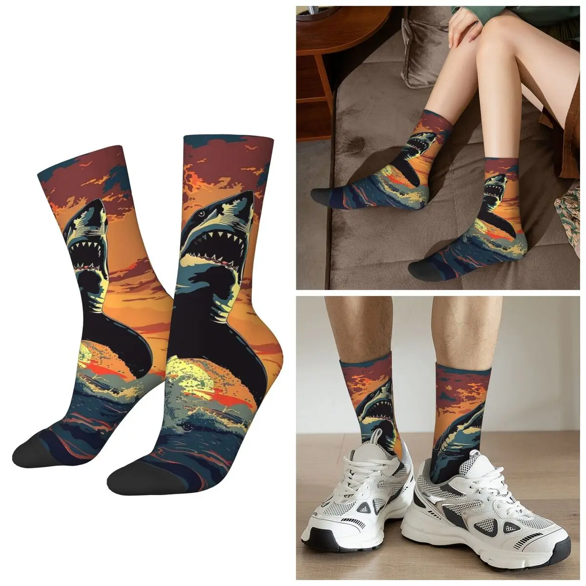 

All Seasons Fierce Shark Print Socks Harajuku Sport Middle Tube Socks Hip Hop Stockings for Men Women Gifts